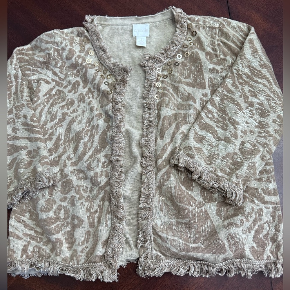 Chicos Animal Print Open Cardigan with Fringe and Embellishments